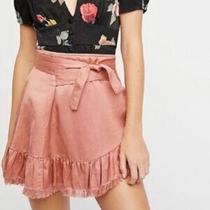 Free People One pink satin raw distressed hem mini wrap skirt size XS 0